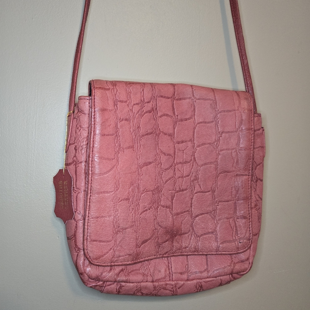 Genuine Leather Purse Croc Design Pink Mauve Crossbody Shoulder Bag 3 Pockets